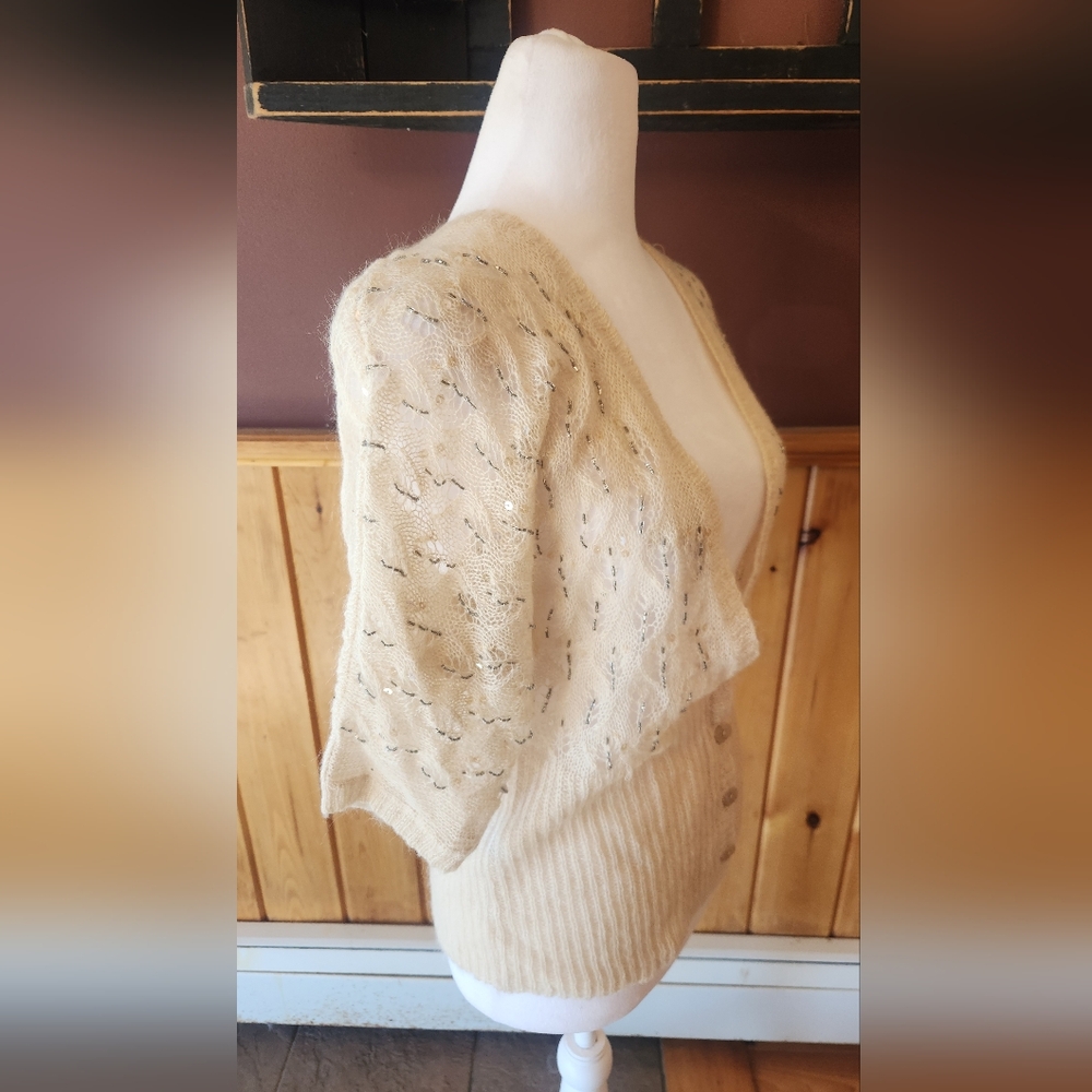 Vintage Ann Tayor Loft Cardigan Sequins And Beads Ivory Wool Size XS - Picture 3 of 9